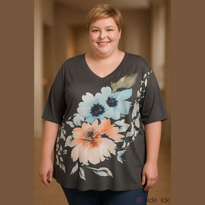 Plus Size 26 or 4x by BloomChic Grey with Floral Print T-shirt Top with V neck